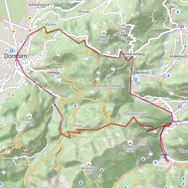 Zemljevid v pomanjšavi "Pot po gorovju Bregenzerwald" kolesarske inspiracije v Vorarlberg, Austria. Generirano z načrtovalcem kolesarskih poti Tarmacs.app