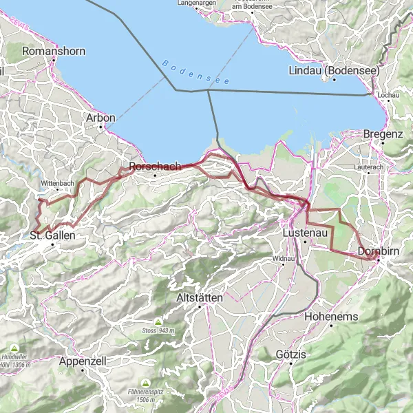 Miniatua del mapa de inspiración ciclista "Ruta de Grava Dornbirn - Rorschach" en Vorarlberg, Austria. Generado por Tarmacs.app planificador de rutas ciclistas