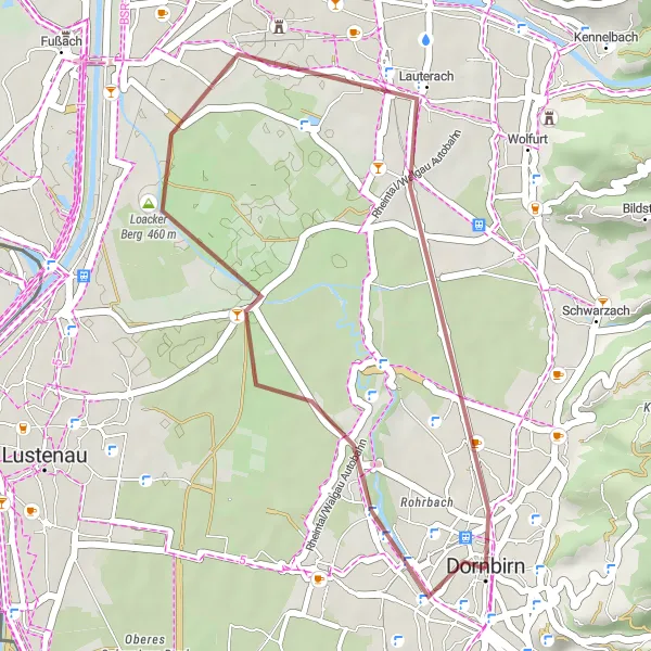 Miniature de la carte de l'inspiration cycliste "Parcours Gravel autour de Dornbirn" dans la Vorarlberg, Austria. Générée par le planificateur d'itinéraire cycliste Tarmacs.app