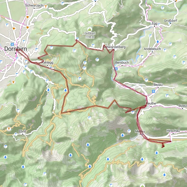 Miniaturekort af cykelinspirationen "Grusvejseventyr til Mellau" i Vorarlberg, Austria. Genereret af Tarmacs.app cykelruteplanlægger