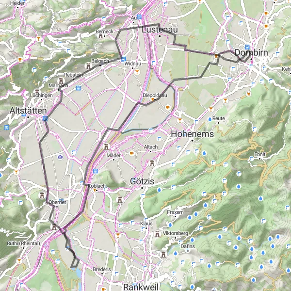 Miniatura della mappa di ispirazione al ciclismo "Percorso in Bici per Esplorare la Regione di Dornbirn" nella regione di Vorarlberg, Austria. Generata da Tarmacs.app, pianificatore di rotte ciclistiche