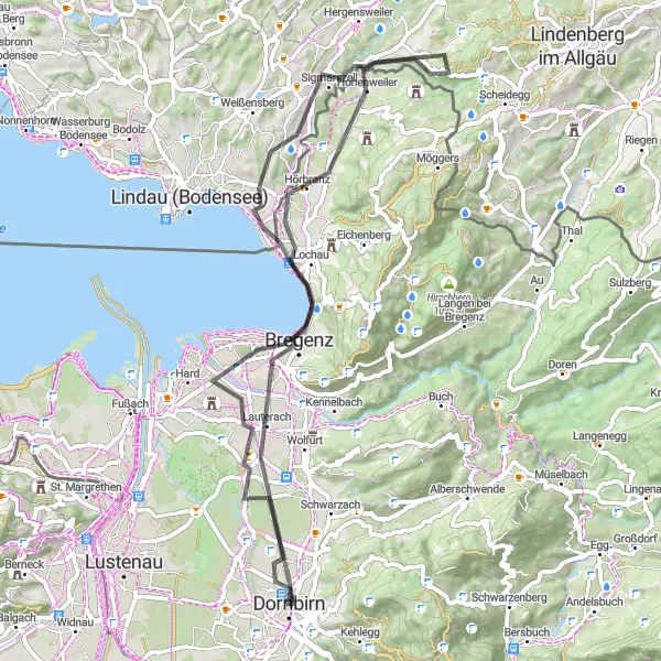 Mapa miniatúra "Jazda pozdĺž pobrežia Bodamského jazera" cyklistická inšpirácia v Vorarlberg, Austria. Vygenerované cyklistickým plánovačom trás Tarmacs.app