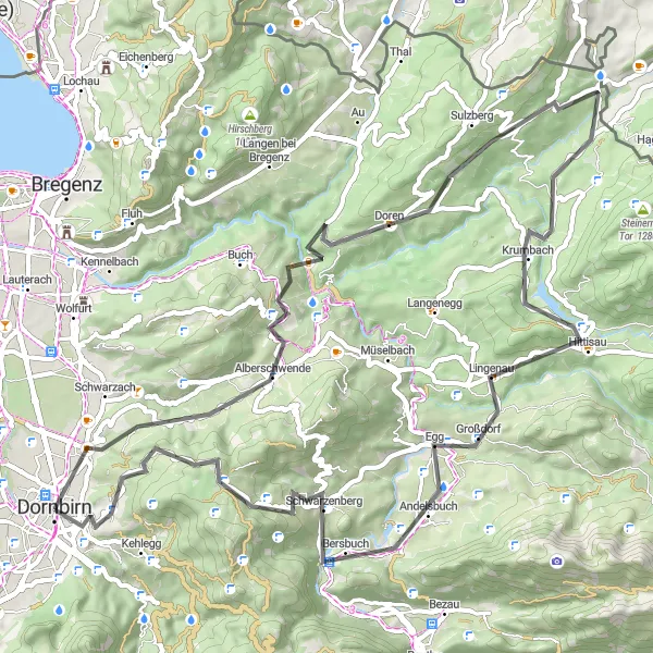 Miniaturní mapa "Cyklistická cesta okolo Dornbirnu a okolí" inspirace pro cyklisty v oblasti Vorarlberg, Austria. Vytvořeno pomocí plánovače tras Tarmacs.app