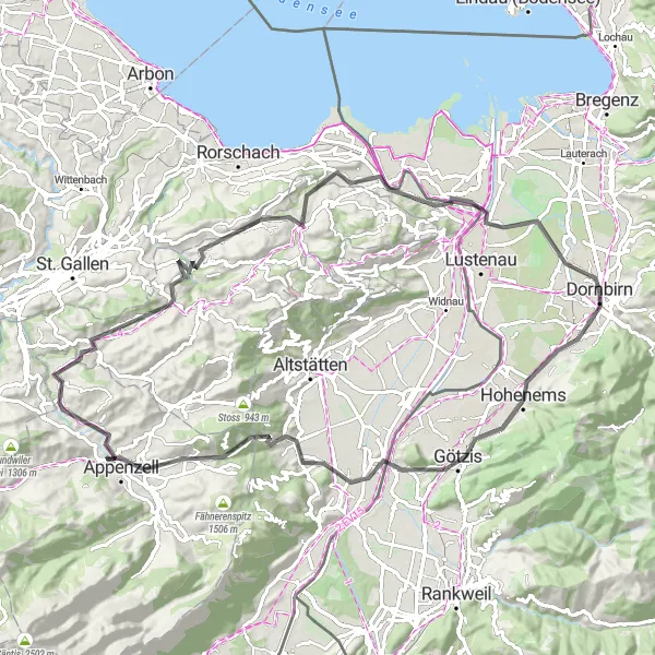 Miniature de la carte de l'inspiration cycliste "Circuit de la vallée du Rhin" dans la Vorarlberg, Austria. Générée par le planificateur d'itinéraire cycliste Tarmacs.app