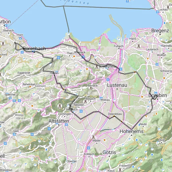 Miniatura della mappa di ispirazione al ciclismo "Tour Panoramico tra Dornbirn e Rorschach" nella regione di Vorarlberg, Austria. Generata da Tarmacs.app, pianificatore di rotte ciclistiche