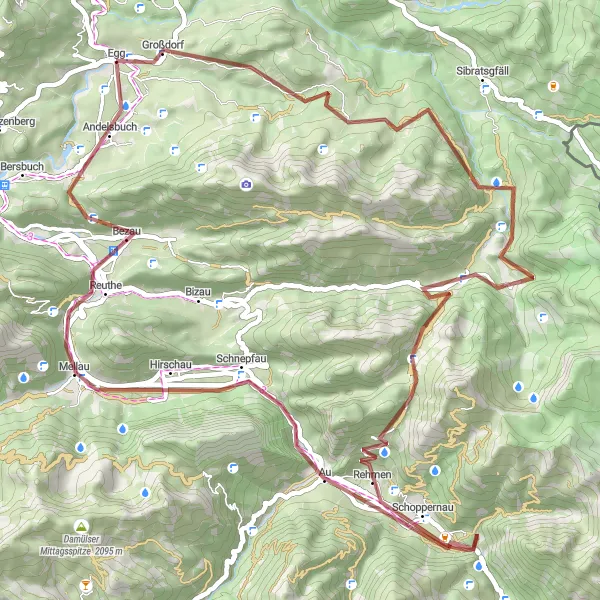 Miniatura della mappa di ispirazione al ciclismo "Giro in bicicletta da Egg a Klaratsberg - Schönenbach - Bödelesegg - Bezegg - Josefshöhe" nella regione di Vorarlberg, Austria. Generata da Tarmacs.app, pianificatore di rotte ciclistiche