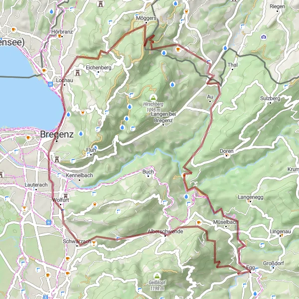 Mapa miniatúra "Gravelová trasá s panoramatickými výhľadmi" cyklistická inšpirácia v Vorarlberg, Austria. Vygenerované cyklistickým plánovačom trás Tarmacs.app