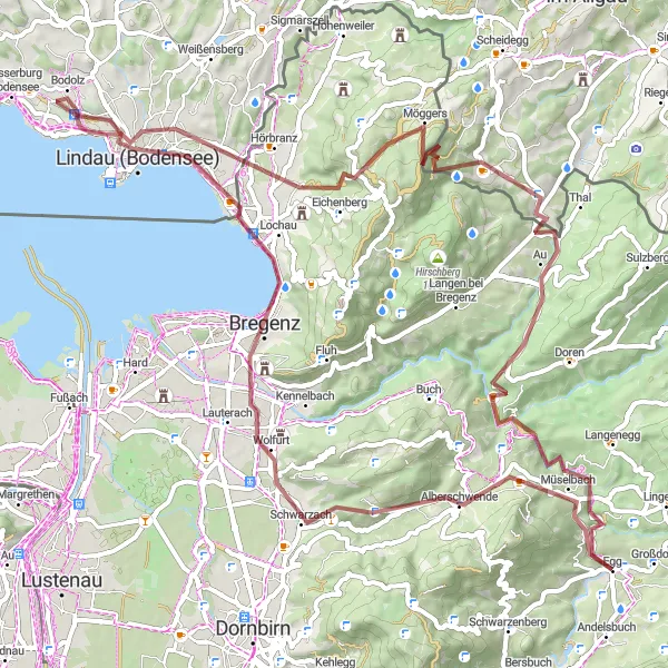 Zemljevid v pomanjšavi "Razburljiva gravel avantura izpred Egg" kolesarske inspiracije v Vorarlberg, Austria. Generirano z načrtovalcem kolesarskih poti Tarmacs.app