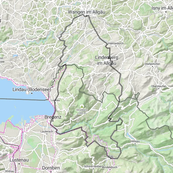 Miniatua del mapa de inspiración ciclista "Ruta en Bicicleta de Carretera a través de Bregenz y Wangen im Allgäu" en Vorarlberg, Austria. Generado por Tarmacs.app planificador de rutas ciclistas