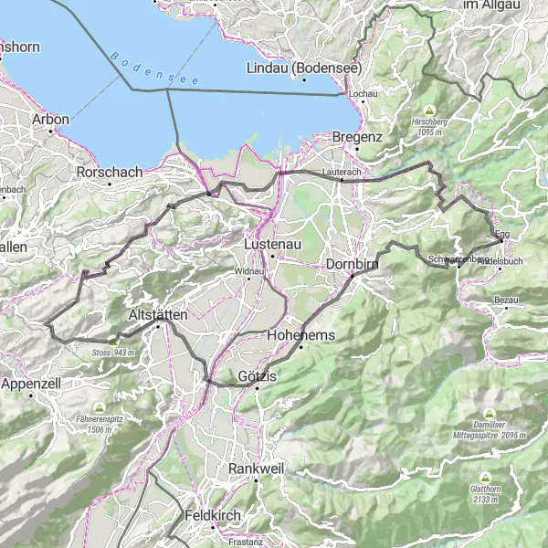 Miniaturní mapa "Cyklotrasa z Dornbirn do Gais" inspirace pro cyklisty v oblasti Vorarlberg, Austria. Vytvořeno pomocí plánovače tras Tarmacs.app