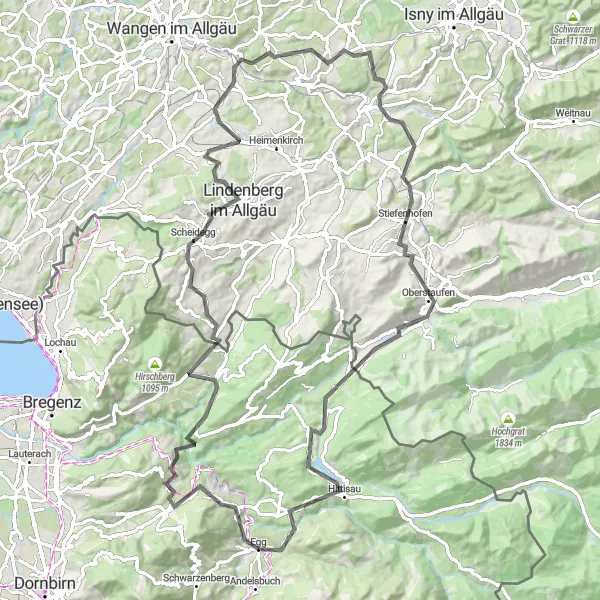 Miniatua del mapa de inspiración ciclista "Ruta de Ciclismo de Carretera Kreuzberg - Lingenau" en Vorarlberg, Austria. Generado por Tarmacs.app planificador de rutas ciclistas