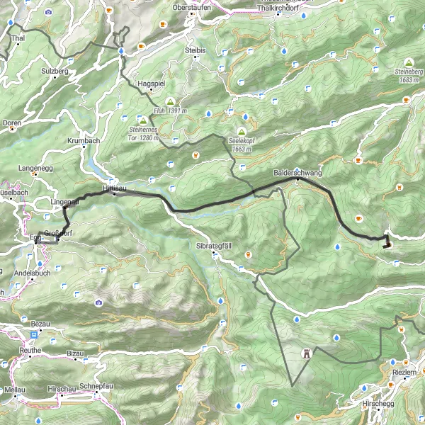 Miniatua del mapa de inspiración ciclista "Ruta en Bicicleta de Carretera a través de Balderschwang y Känzele" en Vorarlberg, Austria. Generado por Tarmacs.app planificador de rutas ciclistas
