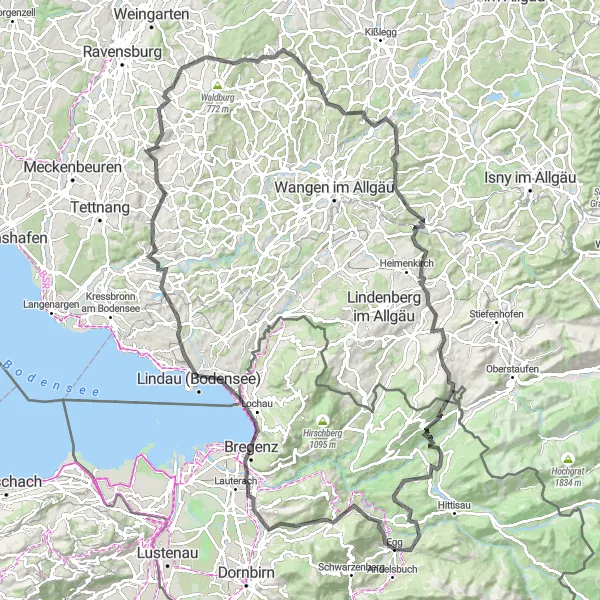 Miniatura della mappa di ispirazione al ciclismo "Tour in bicicletta tra Egg e Oberreute attraverso Wolfurt e Langenegg" nella regione di Vorarlberg, Austria. Generata da Tarmacs.app, pianificatore di rotte ciclistiche