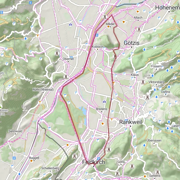 Miniatua del mapa de inspiración ciclista "Travesía en bicicleta por los alrededores de Feldkirch" en Vorarlberg, Austria. Generado por Tarmacs.app planificador de rutas ciclistas