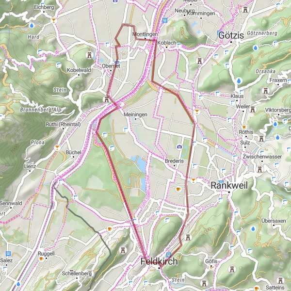 Miniatura della mappa di ispirazione al ciclismo "Esplorazione in bicicletta delle colline di Feldkirch" nella regione di Vorarlberg, Austria. Generata da Tarmacs.app, pianificatore di rotte ciclistiche