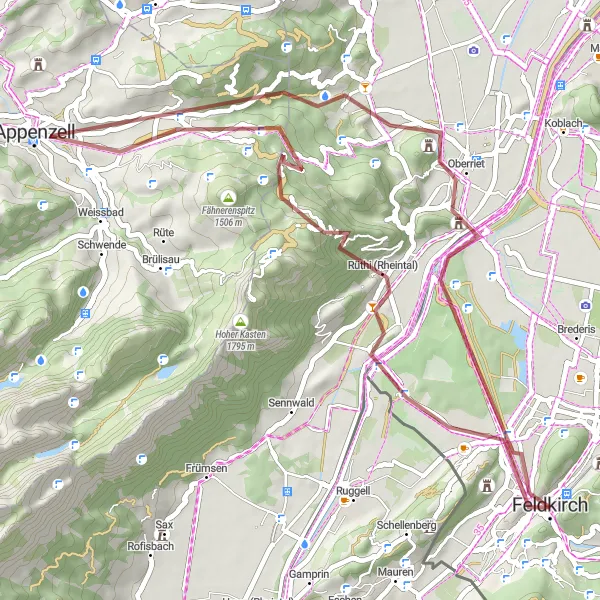 Miniatua del mapa de inspiración ciclista "Ruta desafiante de ciclismo de montaña en los alrededores de Feldkirch" en Vorarlberg, Austria. Generado por Tarmacs.app planificador de rutas ciclistas