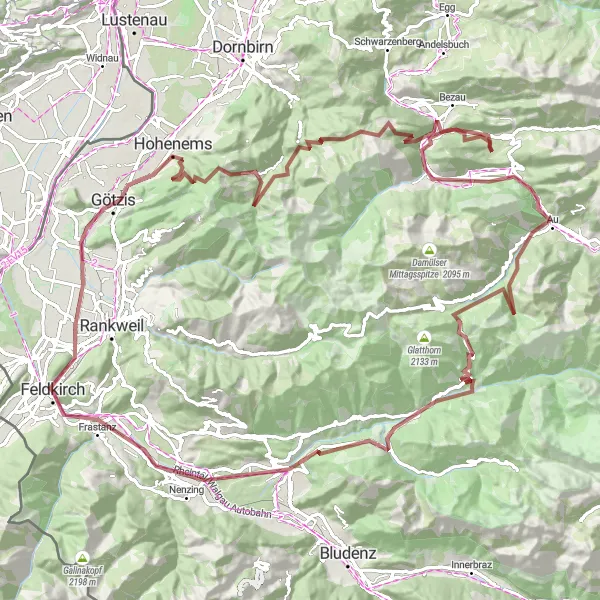 Miniatura della mappa di ispirazione al ciclismo "Tour del Vorarlberg selvaggio" nella regione di Vorarlberg, Austria. Generata da Tarmacs.app, pianificatore di rotte ciclistiche