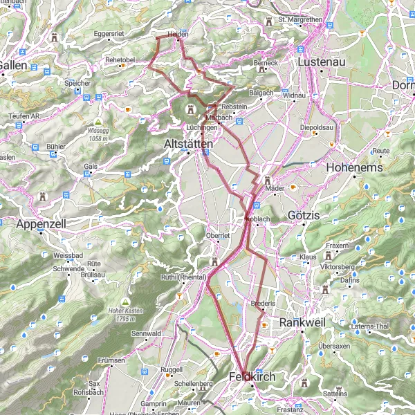 Miniature de la carte de l'inspiration cycliste "Le Tour d'Ardetzenberg et Dunantplatz" dans la Vorarlberg, Austria. Générée par le planificateur d'itinéraire cycliste Tarmacs.app