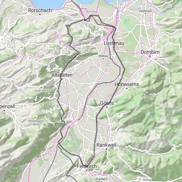 Miniatua del mapa de inspiración ciclista "Ruta escénica por carretera cerca de Feldkirch" en Vorarlberg, Austria. Generado por Tarmacs.app planificador de rutas ciclistas