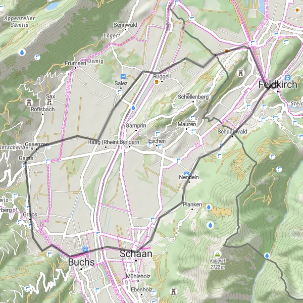 Miniatura della mappa di ispirazione al ciclismo "Giro in bicicletta da Feldkirch a Liechtenstein" nella regione di Vorarlberg, Austria. Generata da Tarmacs.app, pianificatore di rotte ciclistiche