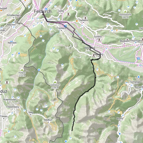 Karttaminiaatyyri "Feldkirch - Burgruine Sigberg Route" pyöräilyinspiraatiosta alueella Vorarlberg, Austria. Luotu Tarmacs.app pyöräilyreittisuunnittelijalla