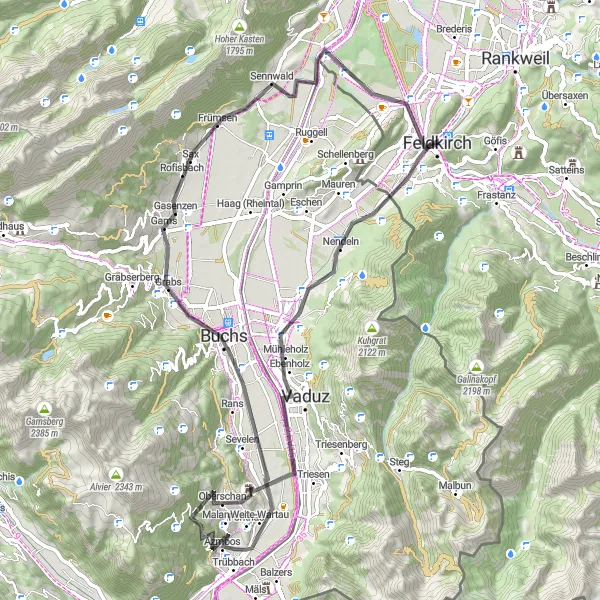 Miniatura della mappa di ispirazione al ciclismo "Giro in bicicletta attraverso il Triangolo del Reno" nella regione di Vorarlberg, Austria. Generata da Tarmacs.app, pianificatore di rotte ciclistiche