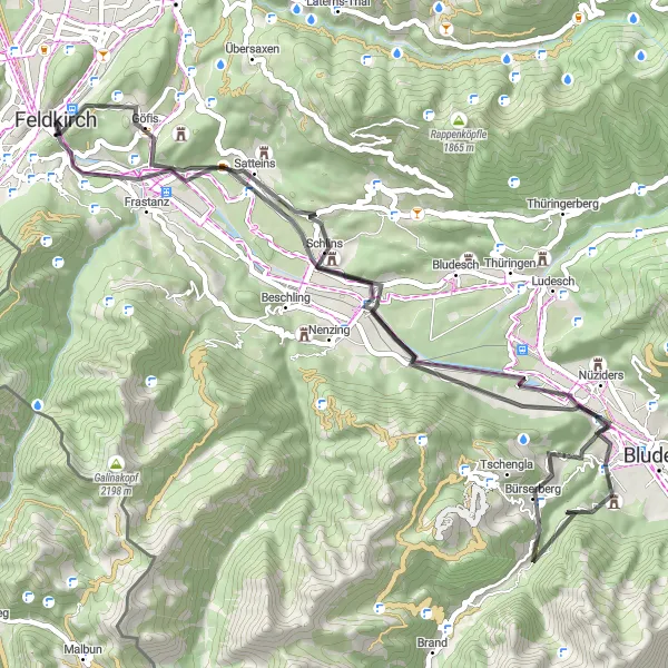 Miniatura della mappa di ispirazione al ciclismo "Giro panoramico tra monti e valli" nella regione di Vorarlberg, Austria. Generata da Tarmacs.app, pianificatore di rotte ciclistiche