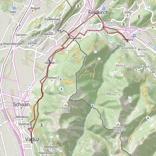 Miniatua del mapa de inspiración ciclista "Ruta de Ciclismo de Grava por los Alpes" en Vorarlberg, Austria. Generado por Tarmacs.app planificador de rutas ciclistas