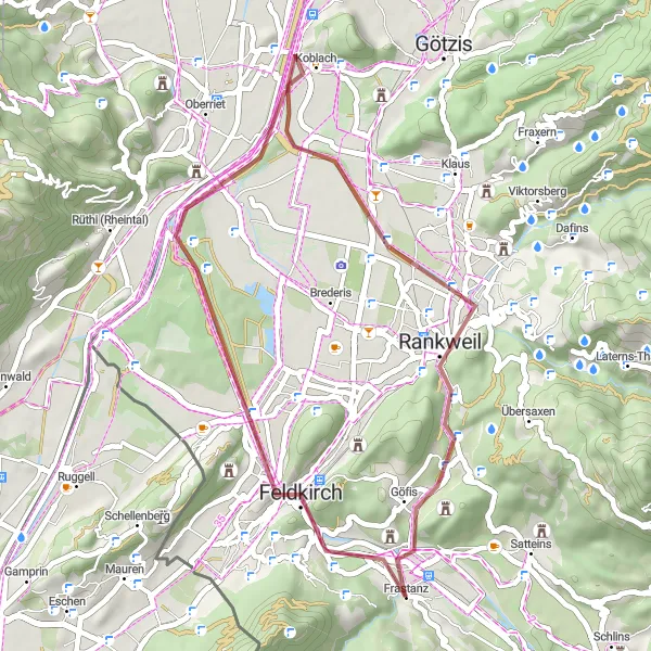 Miniaturní mapa "Gravelová trasa přes Koblach a Pfarrschrofenausblick" inspirace pro cyklisty v oblasti Vorarlberg, Austria. Vytvořeno pomocí plánovače tras Tarmacs.app