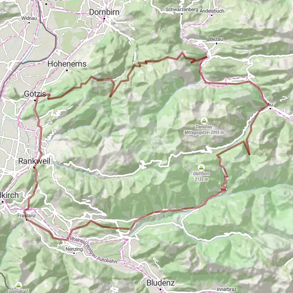 Mapa miniatúra "Horská Extravaganza Díky Gravelu" cyklistická inšpirácia v Vorarlberg, Austria. Vygenerované cyklistickým plánovačom trás Tarmacs.app
