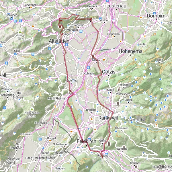 Kartminiatyr av "Frastanz - Mäder - Rankweil - Frastanz" sykkelinspirasjon i Vorarlberg, Austria. Generert av Tarmacs.app sykkelrutoplanlegger