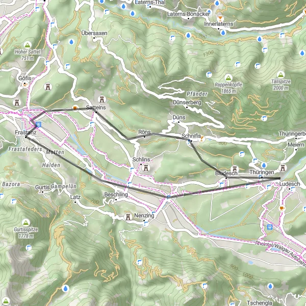 Miniatura della mappa di ispirazione al ciclismo "Giro in bicicletta attraverso le colline di Frastanz" nella regione di Vorarlberg, Austria. Generata da Tarmacs.app, pianificatore di rotte ciclistiche