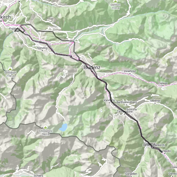Karttaminiaatyyri "Seikkailu Bludeshiin" pyöräilyinspiraatiosta alueella Vorarlberg, Austria. Luotu Tarmacs.app pyöräilyreittisuunnittelijalla