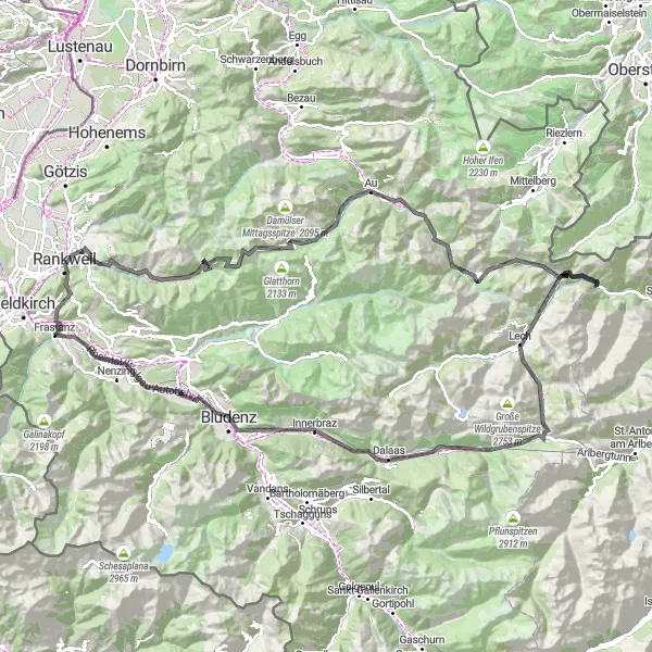 Miniatuurkaart van de fietsinspiratie "Wegtocht door de Vorarlberg Alpen" in Vorarlberg, Austria. Gemaakt door de Tarmacs.app fietsrouteplanner