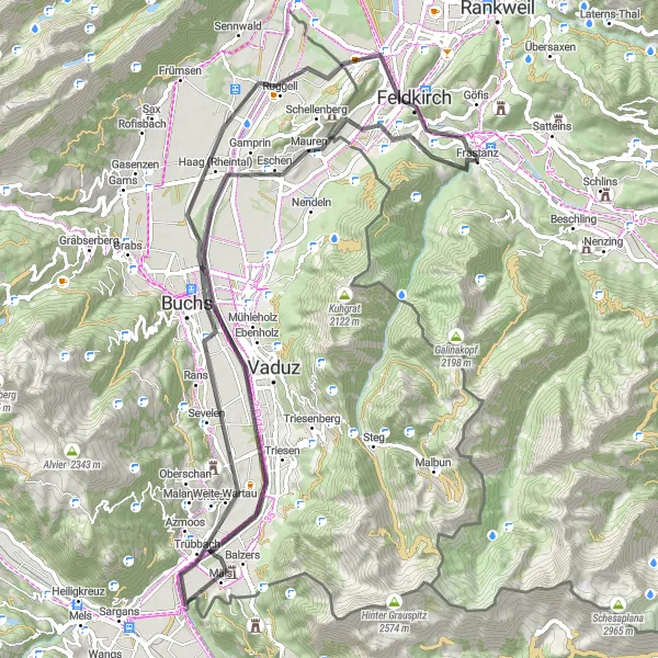 Miniature de la carte de l'inspiration cycliste "Parcours Scénique à Travers le Liechtenstein et l'Autriche" dans la Vorarlberg, Austria. Générée par le planificateur d'itinéraire cycliste Tarmacs.app
