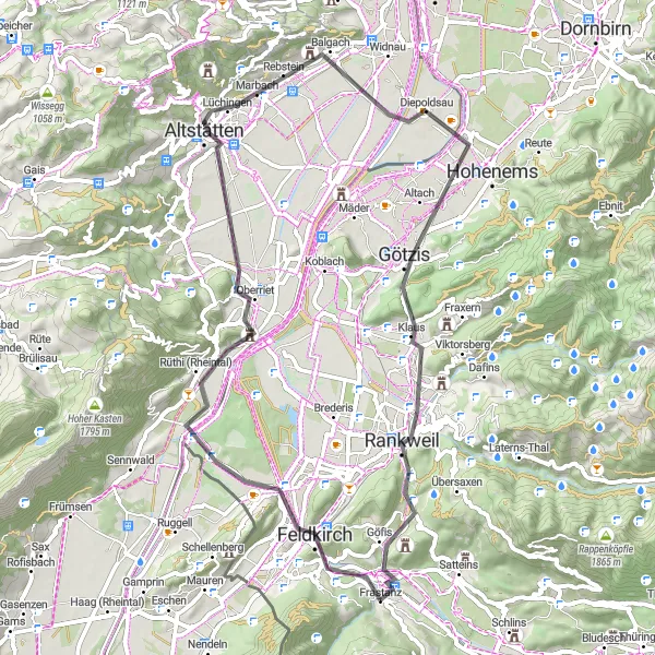 Miniatua del mapa de inspiración ciclista "Ruta en Carretera Känzele - Burgruine Sigberg" en Vorarlberg, Austria. Generado por Tarmacs.app planificador de rutas ciclistas