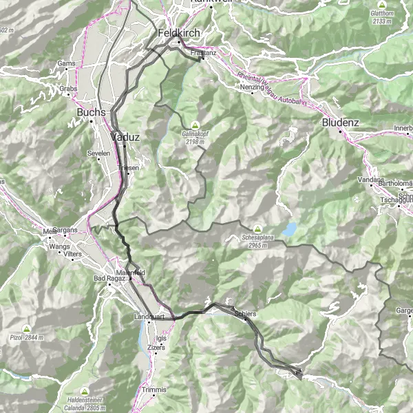 Kartminiatyr av "Runturen från Frastanz till Landquart" cykelinspiration i Vorarlberg, Austria. Genererad av Tarmacs.app cykelruttplanerare