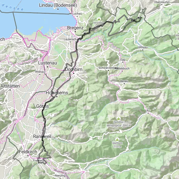 Miniatua del mapa de inspiración ciclista "Ruta Escénica alrededor de Frastanz" en Vorarlberg, Austria. Generado por Tarmacs.app planificador de rutas ciclistas