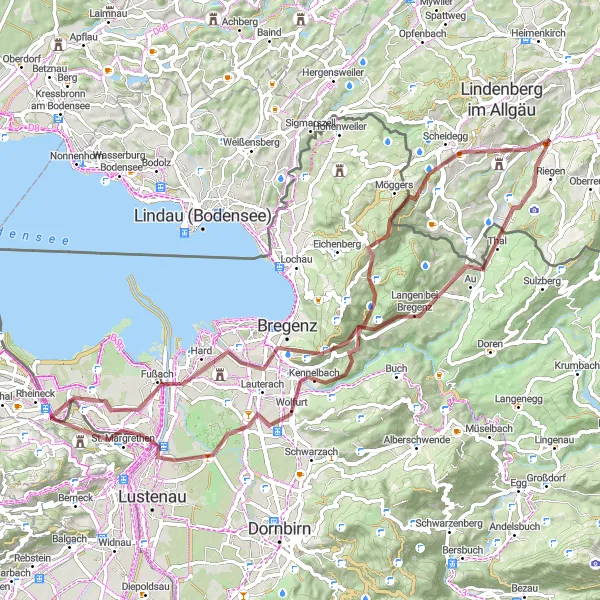 Zemljevid v pomanjšavi "76 km gravel cycling route near Gaißau" kolesarske inspiracije v Vorarlberg, Austria. Generirano z načrtovalcem kolesarskih poti Tarmacs.app