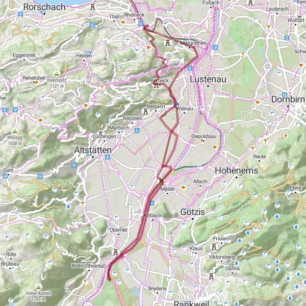 Mapa miniatúra "Gravelová trasa Gaißau - Höchst - Burg Blatten - Matschelser Bergle - Koblach - Kadel - Rebhüttli - Walzenhausen" cyklistická inšpirácia v Vorarlberg, Austria. Vygenerované cyklistickým plánovačom trás Tarmacs.app