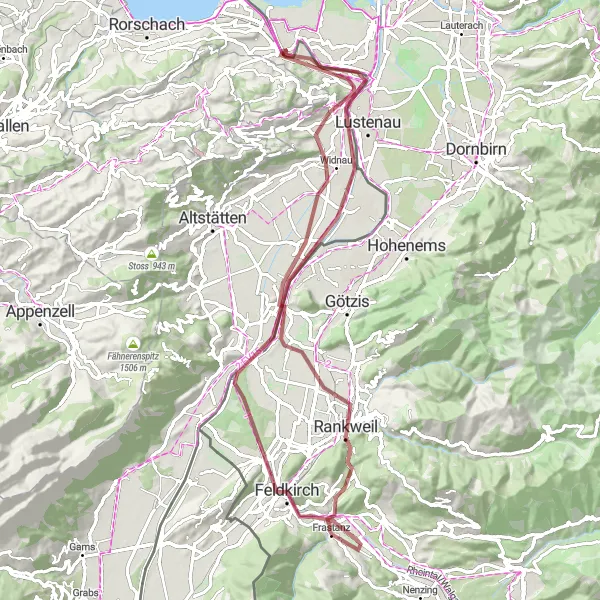 Mapa miniatúra "Gravelová trasa Gaißau - Höchst - Kadel - Burg Blatten - Feldkirch - Känzele - Pfarrschrofenausblick - Rankweil - Au - Gaißau" cyklistická inšpirácia v Vorarlberg, Austria. Vygenerované cyklistickým plánovačom trás Tarmacs.app