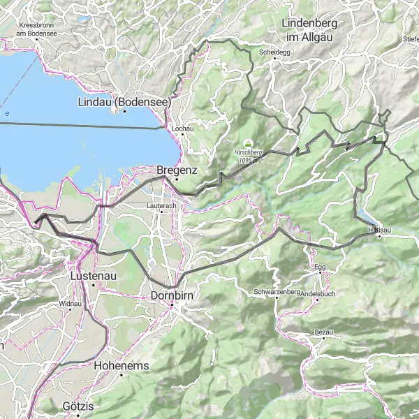 Zemljevid v pomanjšavi "84 km road cycling route near Gaißau" kolesarske inspiracije v Vorarlberg, Austria. Generirano z načrtovalcem kolesarskih poti Tarmacs.app