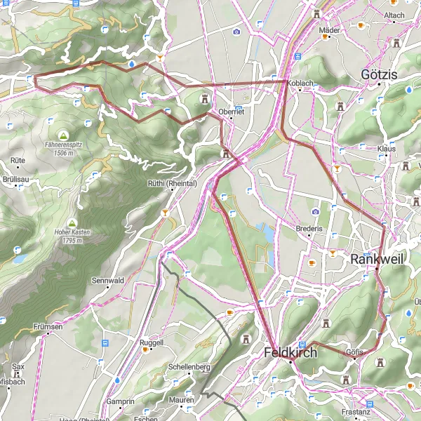 Zemljevid v pomanjšavi "Kolesarska pot do Pfarrschrofenausblick" kolesarske inspiracije v Vorarlberg, Austria. Generirano z načrtovalcem kolesarskih poti Tarmacs.app