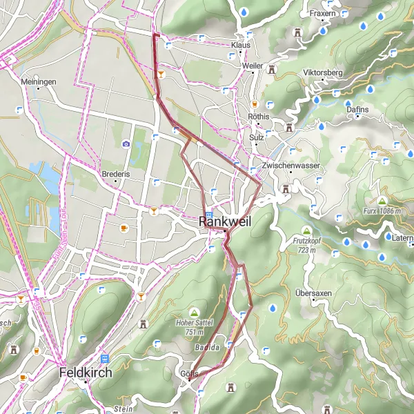 Kartminiatyr av "Sulz til Göfis Kort Rundtur" sykkelinspirasjon i Vorarlberg, Austria. Generert av Tarmacs.app sykkelrutoplanlegger