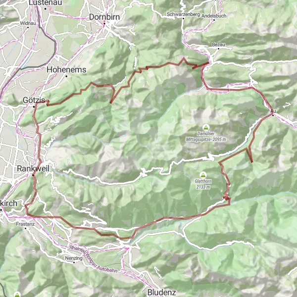 Mapa miniatúra "Gravelová túra ponad horské sedlá" cyklistická inšpirácia v Vorarlberg, Austria. Vygenerované cyklistickým plánovačom trás Tarmacs.app