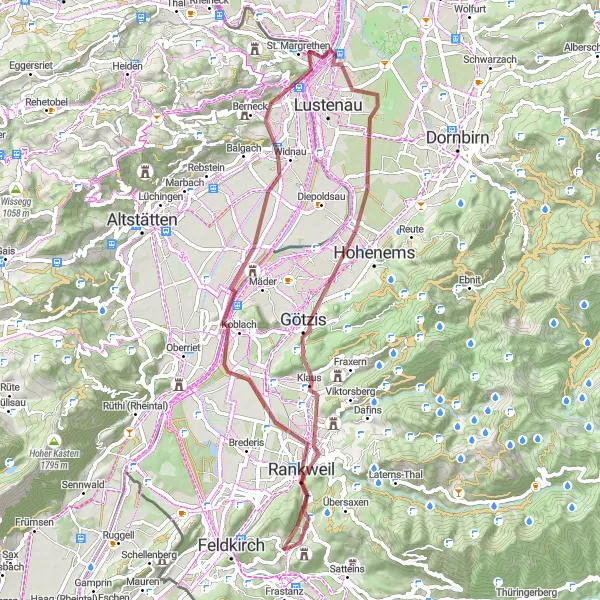 Miniature de la carte de l'inspiration cycliste "Boucle gravel à travers Götzis" dans la Vorarlberg, Austria. Générée par le planificateur d'itinéraire cycliste Tarmacs.app