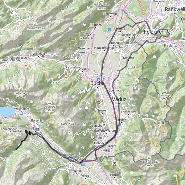 Mapa miniatúra "Road Planken - Feldkirch - Känzele Loop" cyklistická inšpirácia v Vorarlberg, Austria. Vygenerované cyklistickým plánovačom trás Tarmacs.app