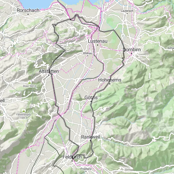 Map miniature of "The Road to Feldkirch" cycling inspiration in Vorarlberg, Austria. Generated by Tarmacs.app cycling route planner