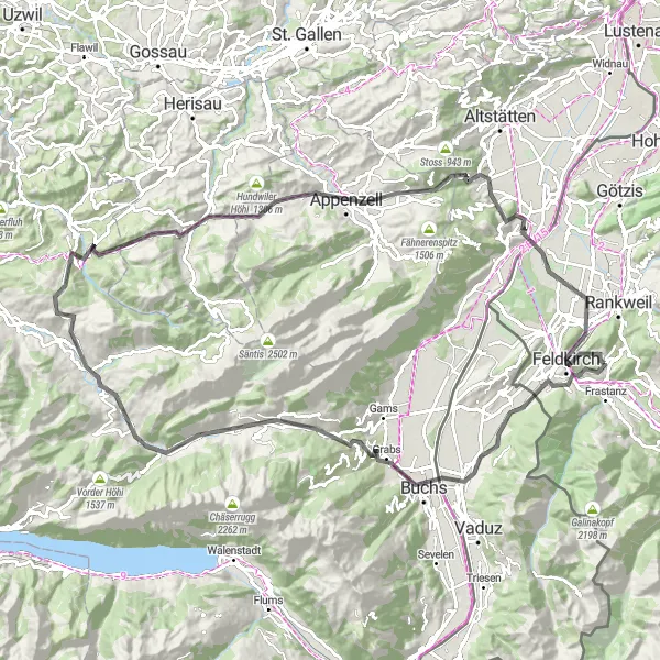 Miniatura della mappa di ispirazione al ciclismo "Il Grande Tour dei Churfirsten" nella regione di Vorarlberg, Austria. Generata da Tarmacs.app, pianificatore di rotte ciclistiche