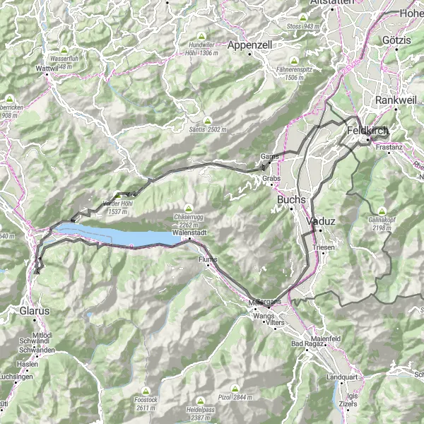 Mapa miniatúra "Výlet do horskej krajiny Vorarlska" cyklistická inšpirácia v Vorarlberg, Austria. Vygenerované cyklistickým plánovačom trás Tarmacs.app